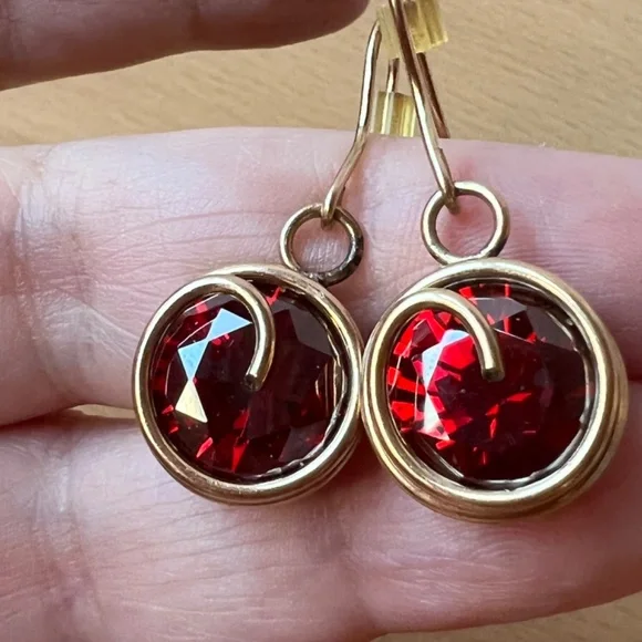 MADE IN ISRAEL VINTAGE LARGE RED ORANGE GARNET COLOR PASTE GLASS EARRINGS